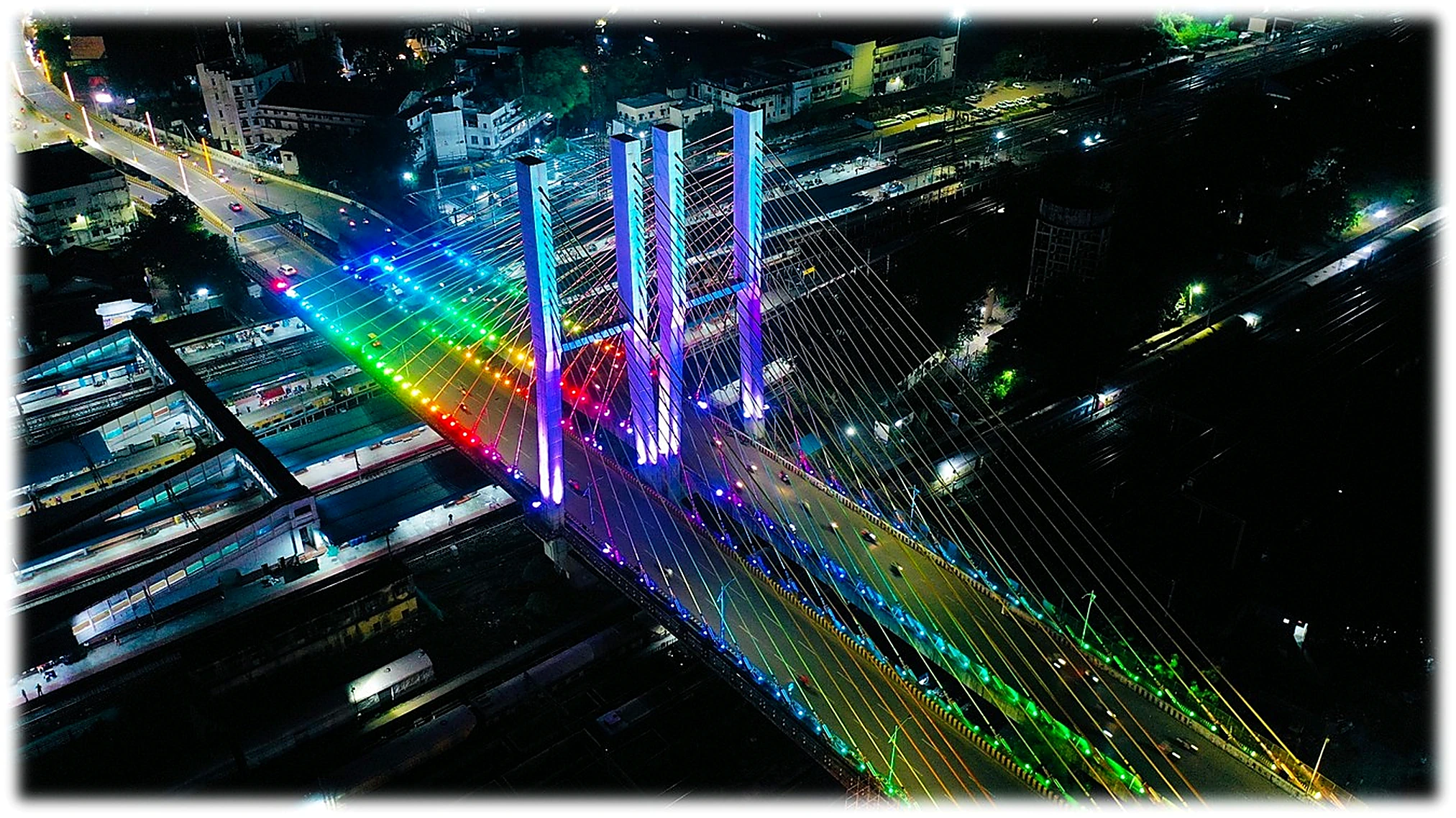 Ram Jhula bridge illuminated with multicolour architectural lighting
