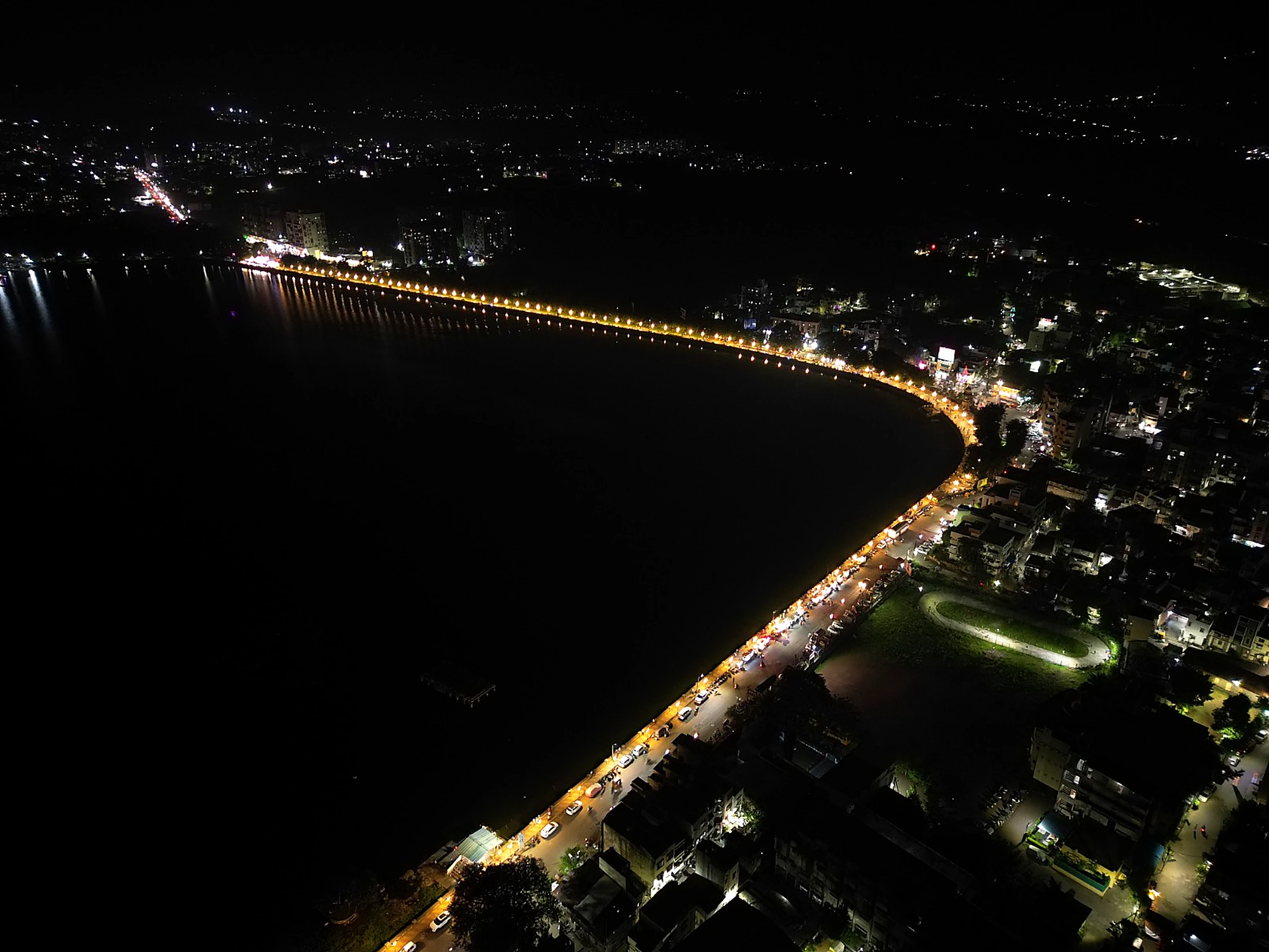 Aerial night view of Rankala Lake promenade in Kolhapur